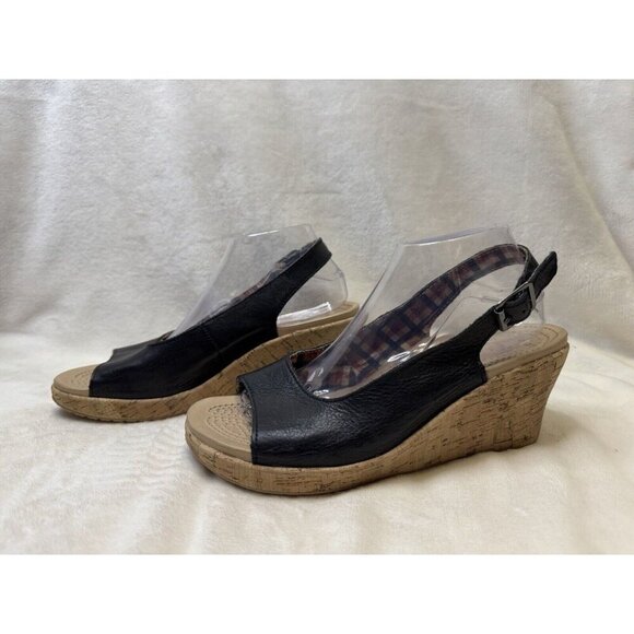 CROCS A-Leigh Black Leather Slingback Strap Cork Wedge Sandals Size 10 - Picture 1 of 12